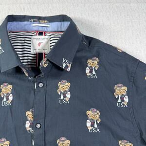 Denim & Flower by Ricky Singh NWT Button Down USA Bears Large Short Sleeve